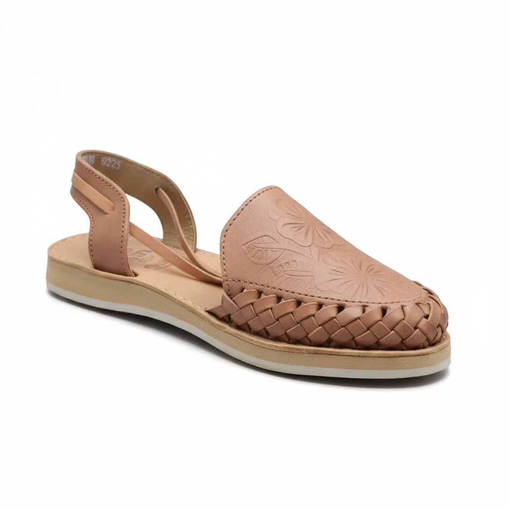 ARTESANALRENVAL nude leather huarache sandal with hand-tooled tulip floral design and woven front detail