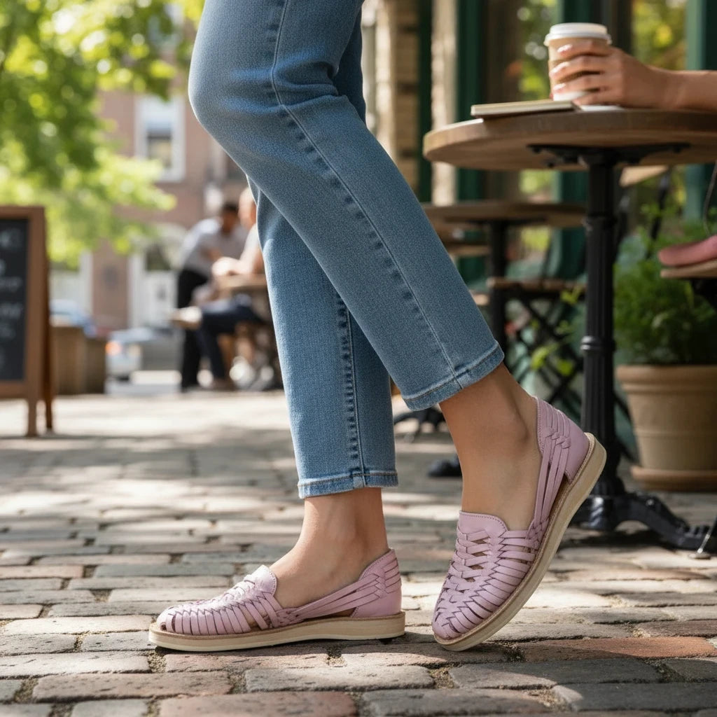 ARTESANALRENVAL pastel pink handmade leather huarache sandals with woven design worn with jeans on a city sidewalk