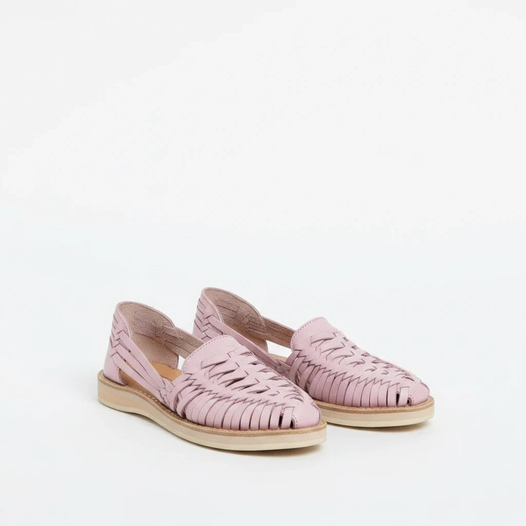 ARTESANALRENVAL pastel pink handmade genuine leather huarache sandals with woven design and comfortable flat sole