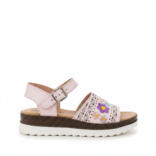 ARTESANALRENVAL light pink leather huarache sandals with embroidered floral design and buckle strap.