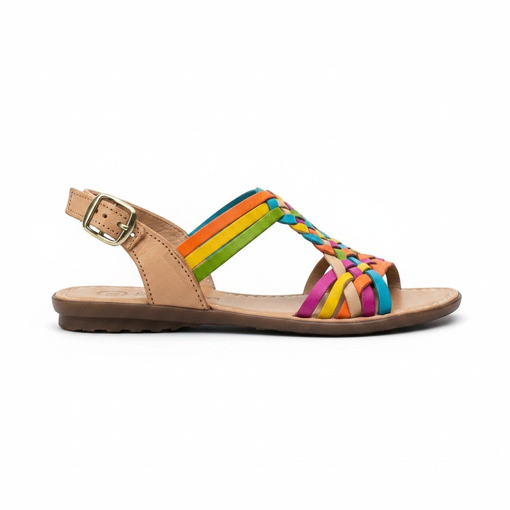 ARTESANALRENVAL tan leather huarache sandals with rainbow woven straps and buckle closure.