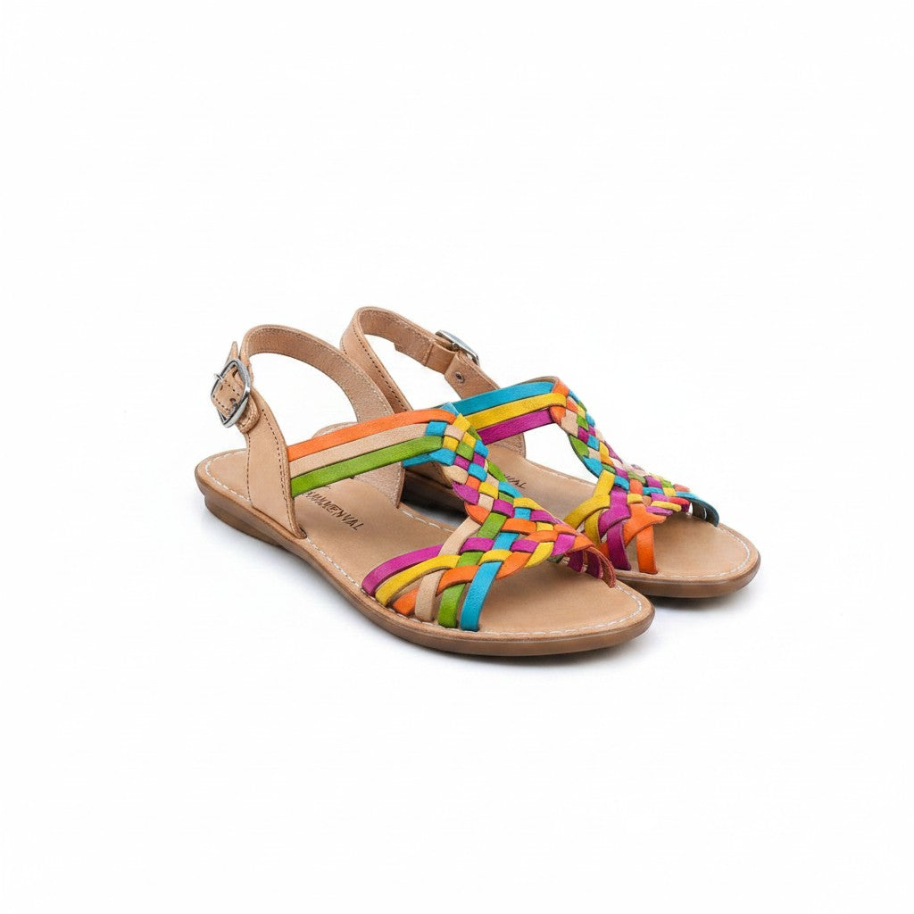 ARTESANALRENVAL tan leather huarache sandals with woven rainbow straps and buckle closure.