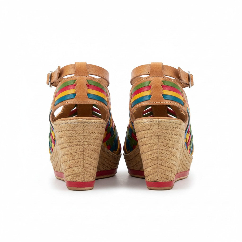 ARTESANALRENVAL tan leather wedge sandals with rainbow woven straps and adjustable ankle strap. 10cm platform.