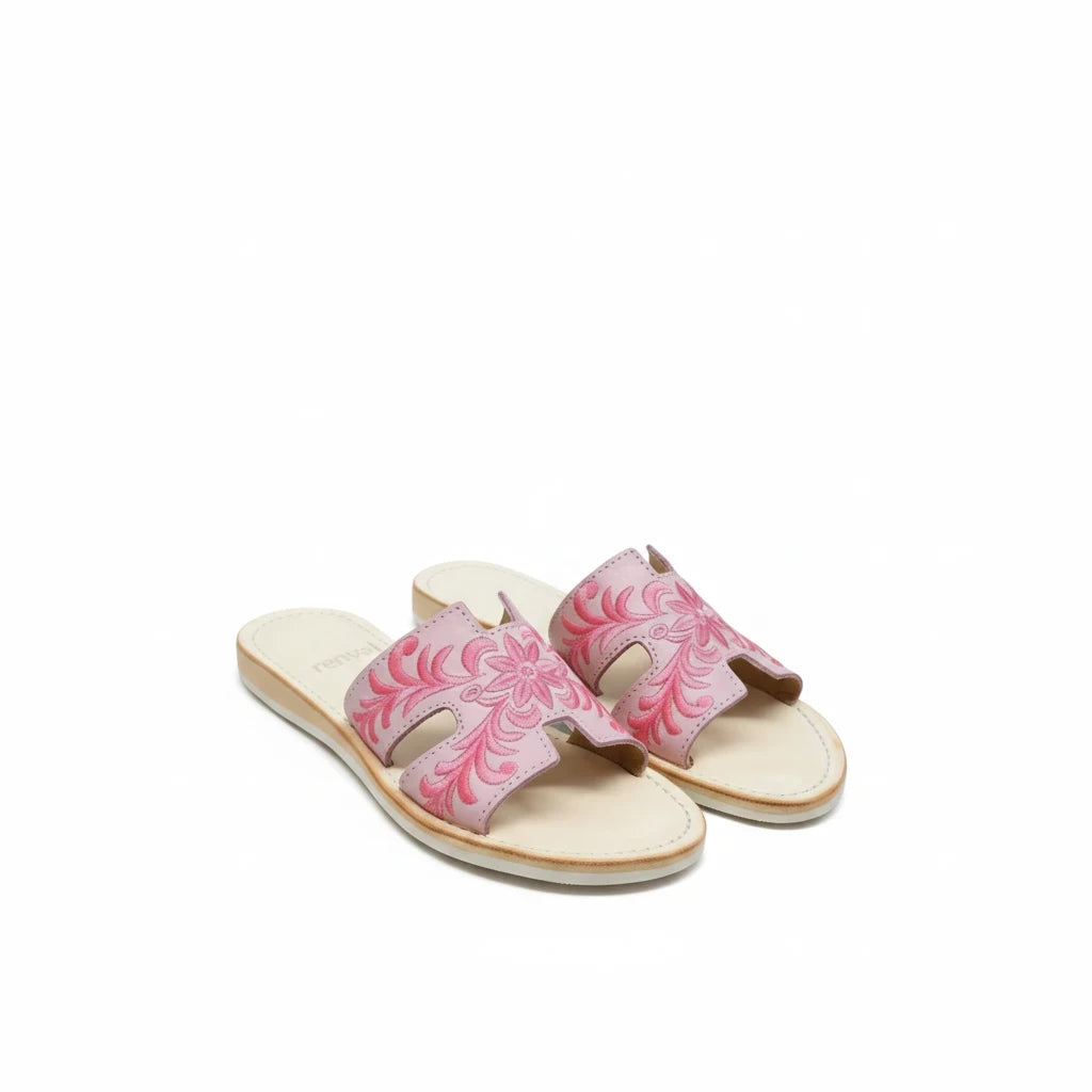 Sandalias ARTESANALRENVAL de piel rosa con bordado floral artesanal y plantilla acolchada de alto confort