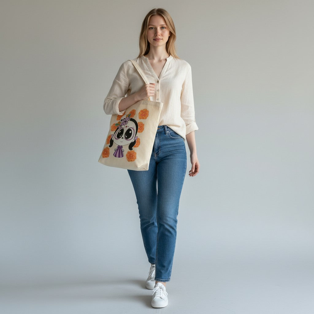 A woman wearing a beige shirt and jeans carries an ARTESANALRENVAL natural canvas tote with a sugar skull illustration.