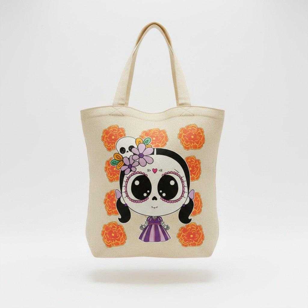 ARTESANALRENVAL natural canvas tote bag featuring a whimsical sugar skull character illustration and marigold flowers.
