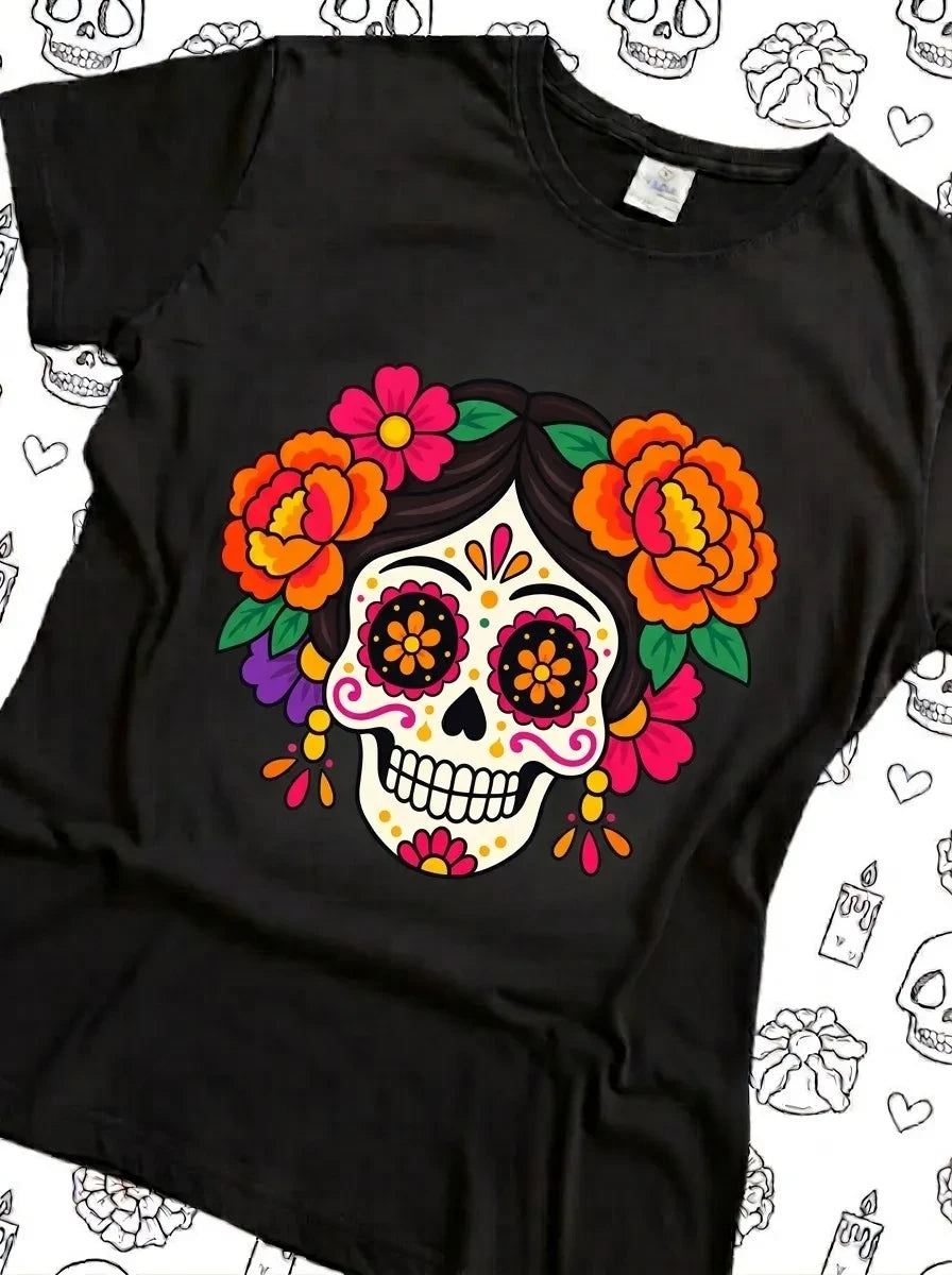 ARTESANALRENVAL black t-shirt featuring a vibrant sugar skull graphic with colorful marigold flowers and floral art.