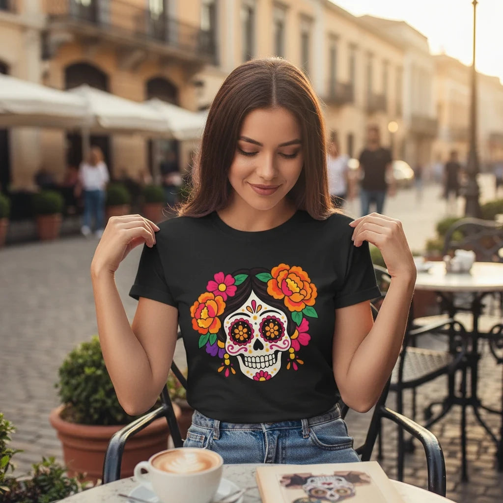 ARTESANALRENVAL black t-shirt featuring a vibrant sugar skull graphic with colorful marigolds worn by a woman outdoors