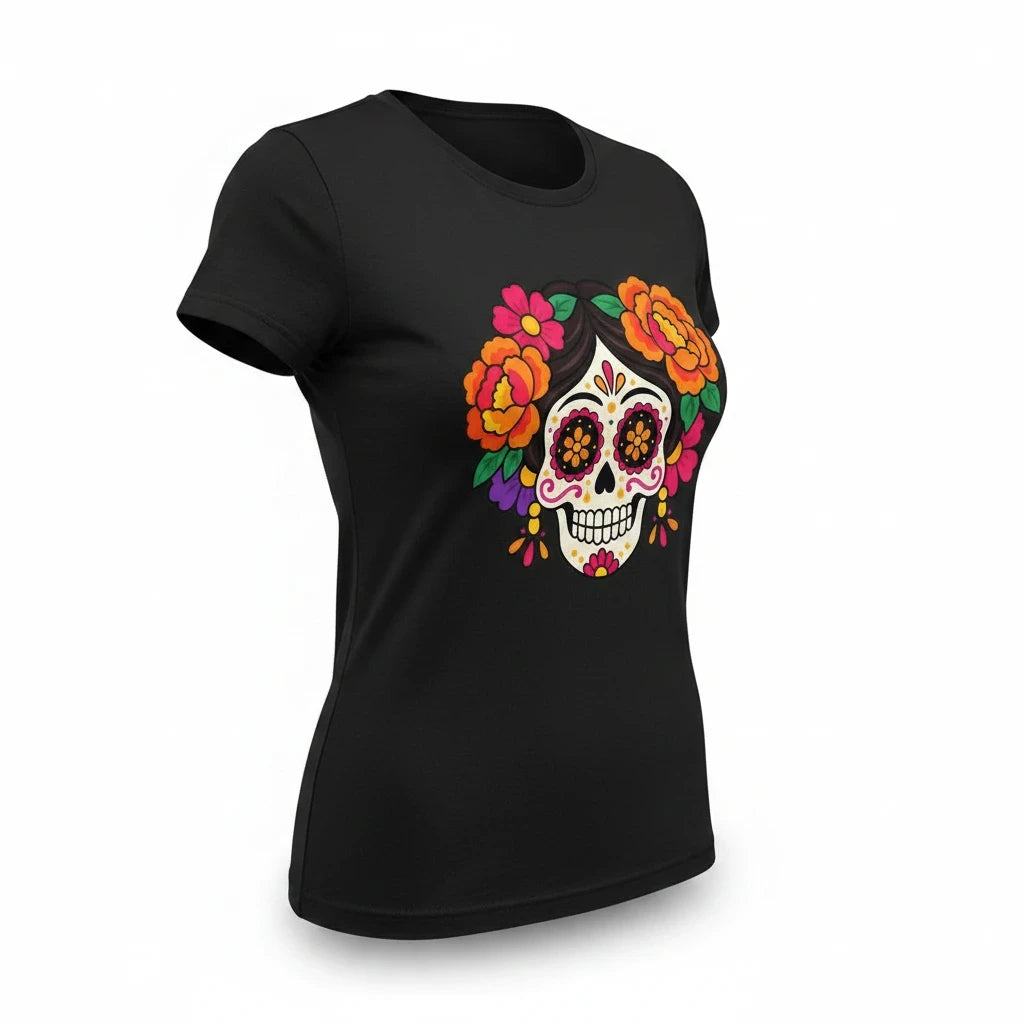 ARTESANALRENVAL black t-shirt featuring a vibrant sugar skull graphic with colorful marigolds and floral details.