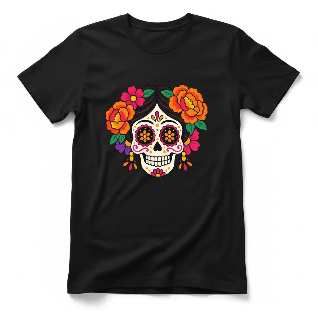 ARTESANALRENVAL black t-shirt featuring a vibrant sugar skull graphic with colorful marigold flowers and floral accents.