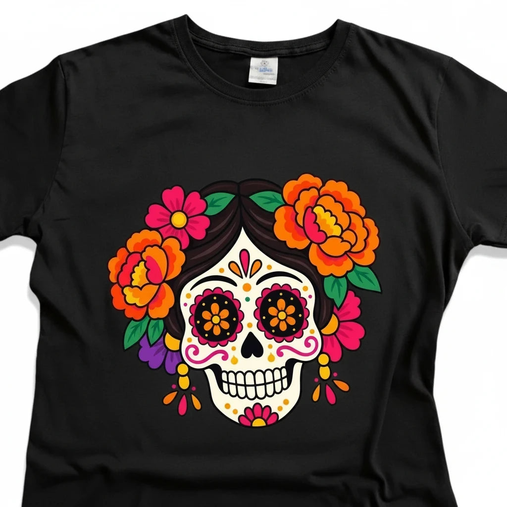 ARTESANALRENVAL black t-shirt featuring a vibrant sugar skull graphic with colorful marigold flowers and floral art.
