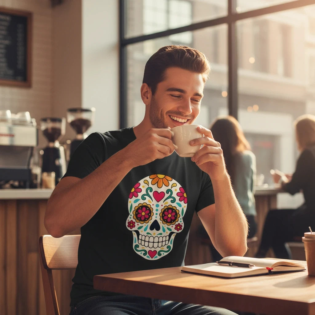 Man wearing a black ARTESANALRENVAL sugar skull graphic t-shirt while drinking coffee in a cafe.