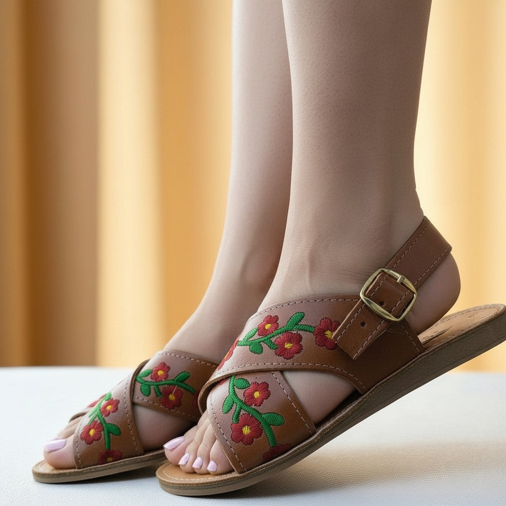 ARTESANALRENVAL tan leather huarache sandals with red and green floral embroidery, criss-cross straps, and gold buckle.