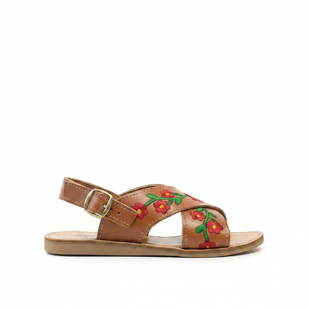 ARTESANALRENVAL tan leather huarache sandals with red floral embroidery and adjustable ankle strap.