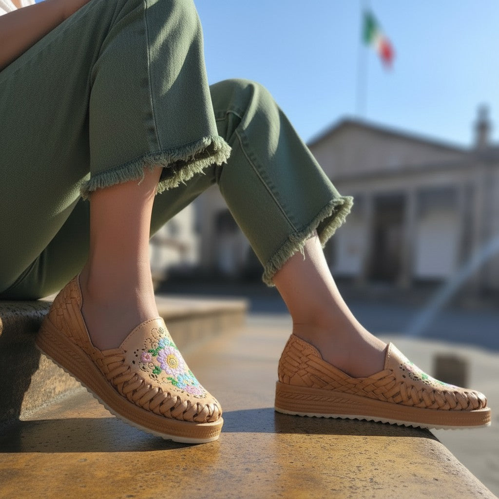 ARTESANALRENVAL tan huarache moccasin with multicolor floral embroidery and woven leather detail.