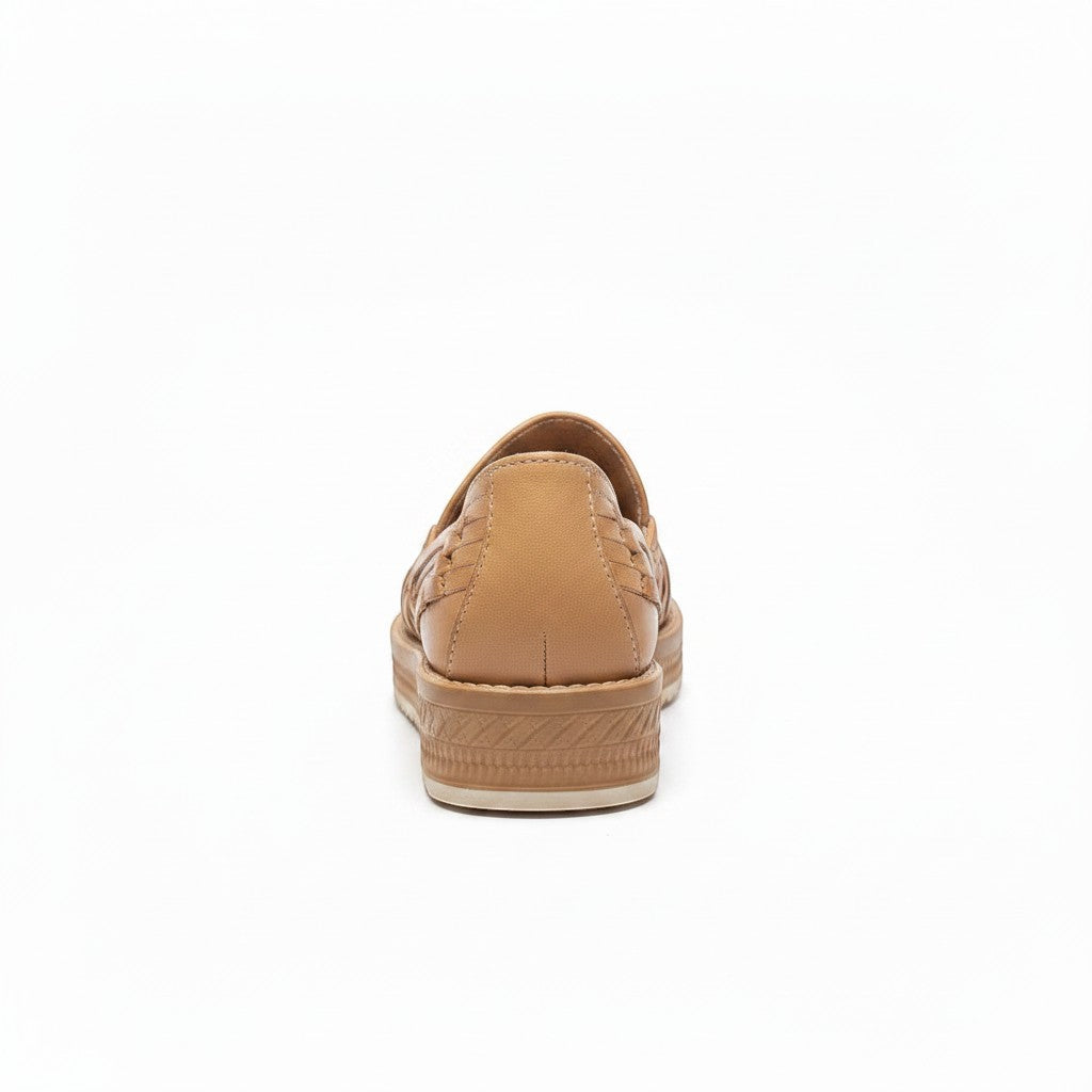 ARTESANALRENVAL tan woven huarache moccasin with floral embroidery and light sole.