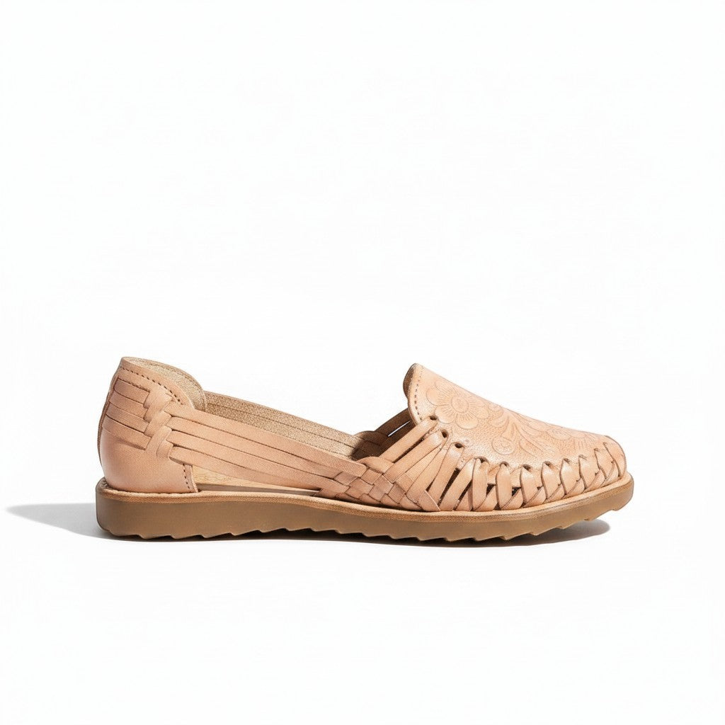 ARTESANALRENVAL tan leather woven huarache flats with floral embossed vamp. Bohemian style, handmade in Mexico.