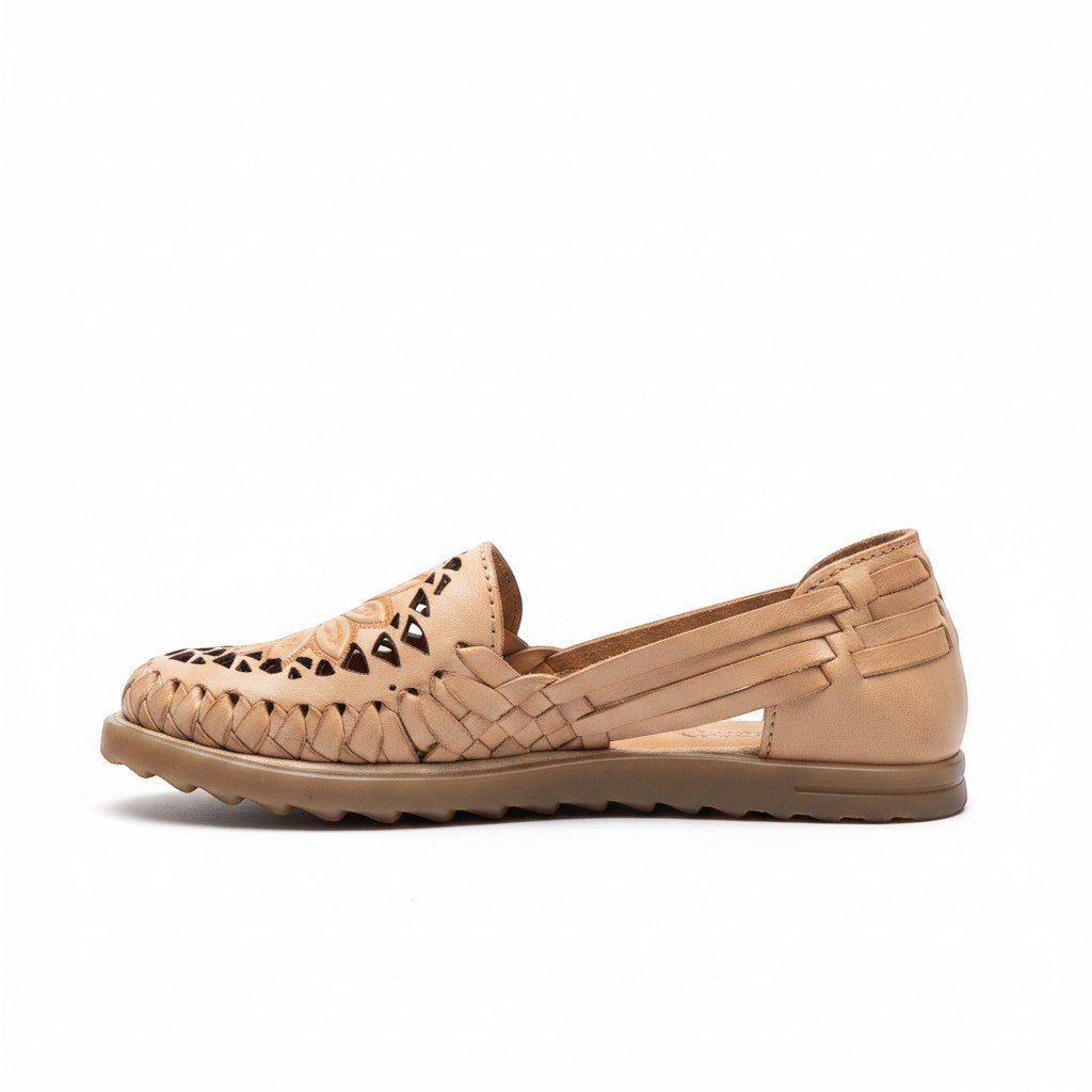 ARTESANALRENVAL tan leather huarache sandals with woven detail and cut-out design.