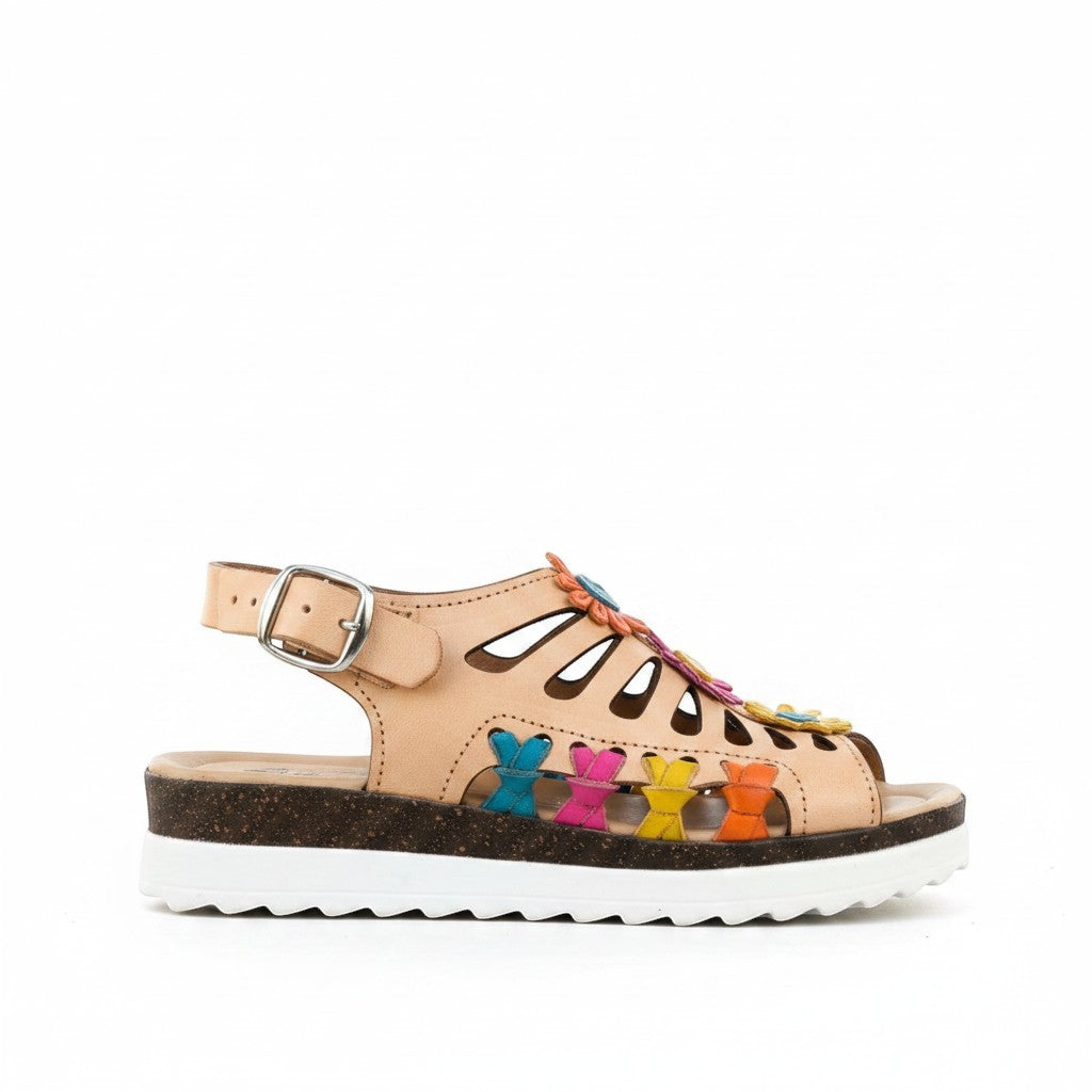 ARTESANALRENVAL tan leather huarache sandals with colorful butterfly and flower details, buckle strap, and platform sole.