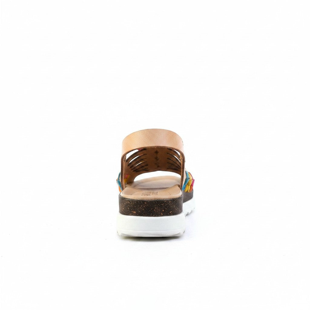 ARTESANALRENVAL Ronda Colores women's tan leather huarache sandals with colorful woven detail and platform sole.
