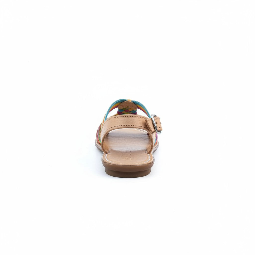 ARTESANALRENVAL tan leather huarache sandals with colorful woven straps and buckle closure.