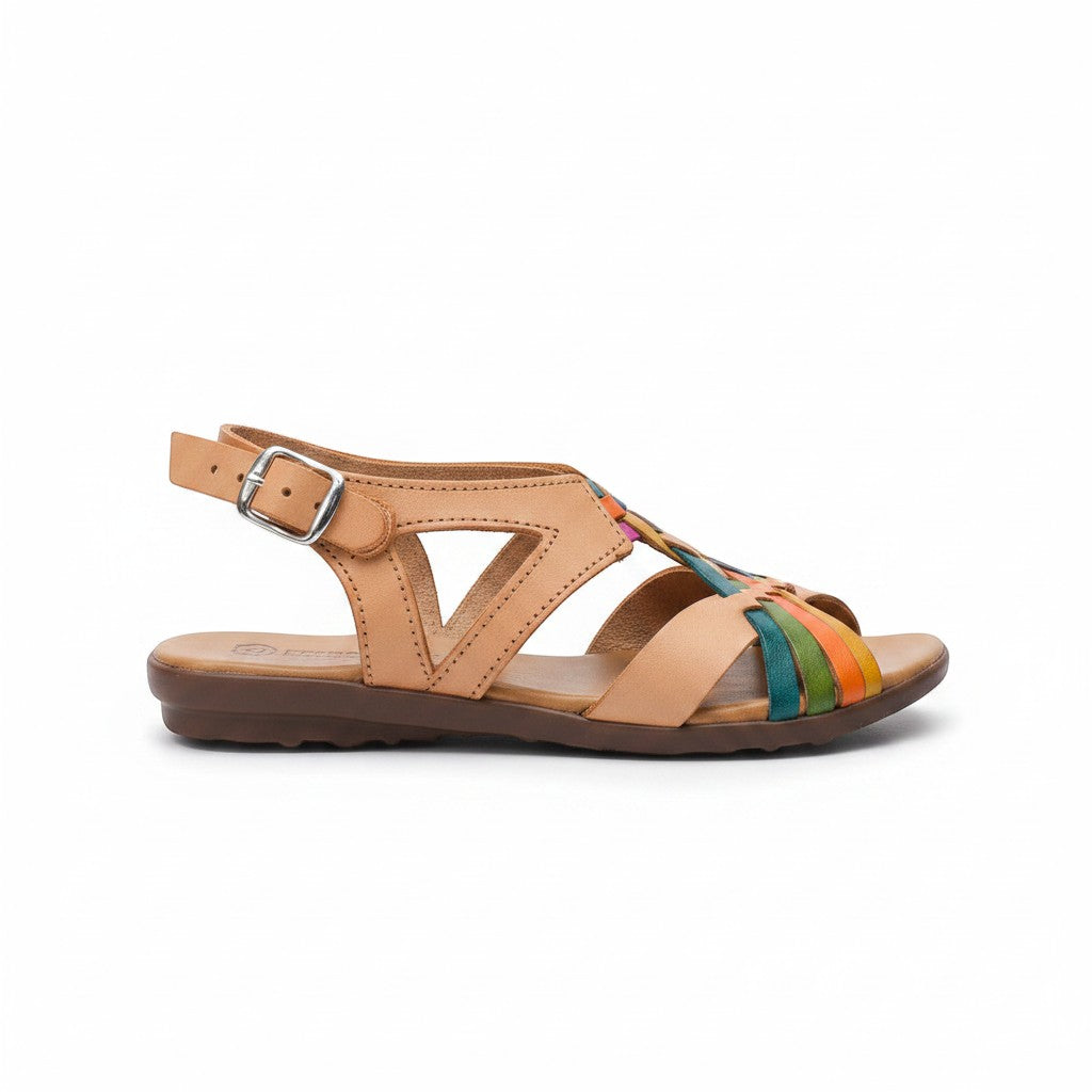 ARTESANALRENVAL tan leather huarache sandals with colorful woven straps and ankle buckle.