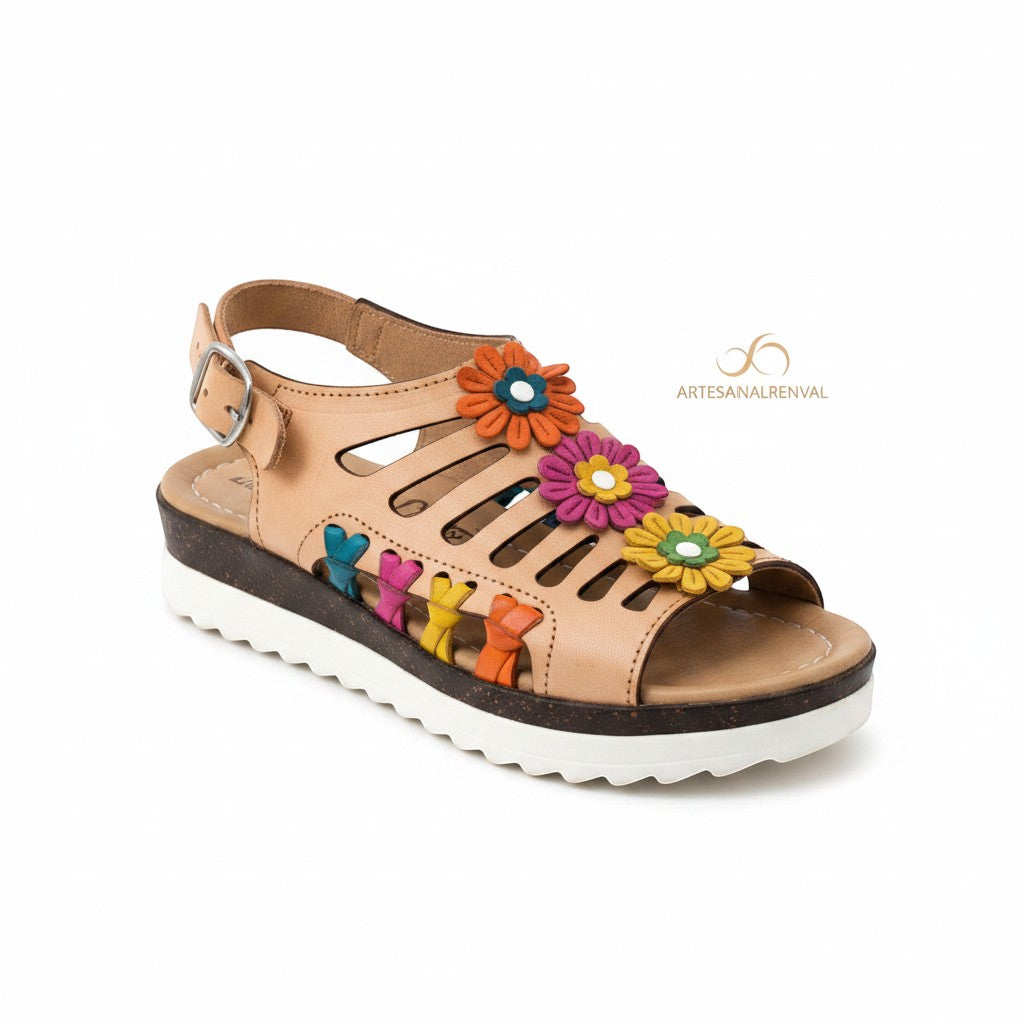 ARTESANALRENVAL tan leather huarache sandals with colorful flower and heart appliques, adjustable ankle strap, and white platform sole.