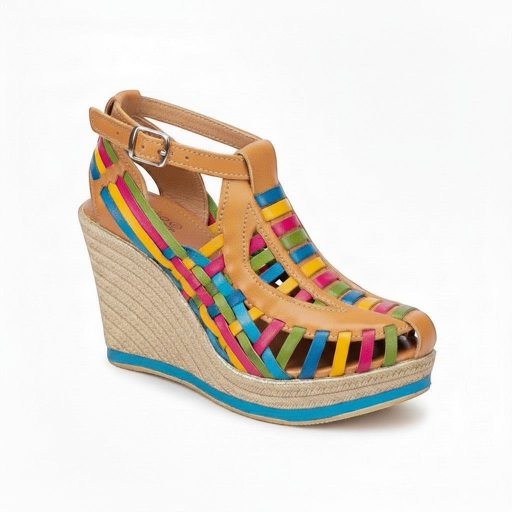 ARTESANALRENVAL tan leather wedge sandals with colorful woven straps and adjustable ankle strap. 10cm platform.