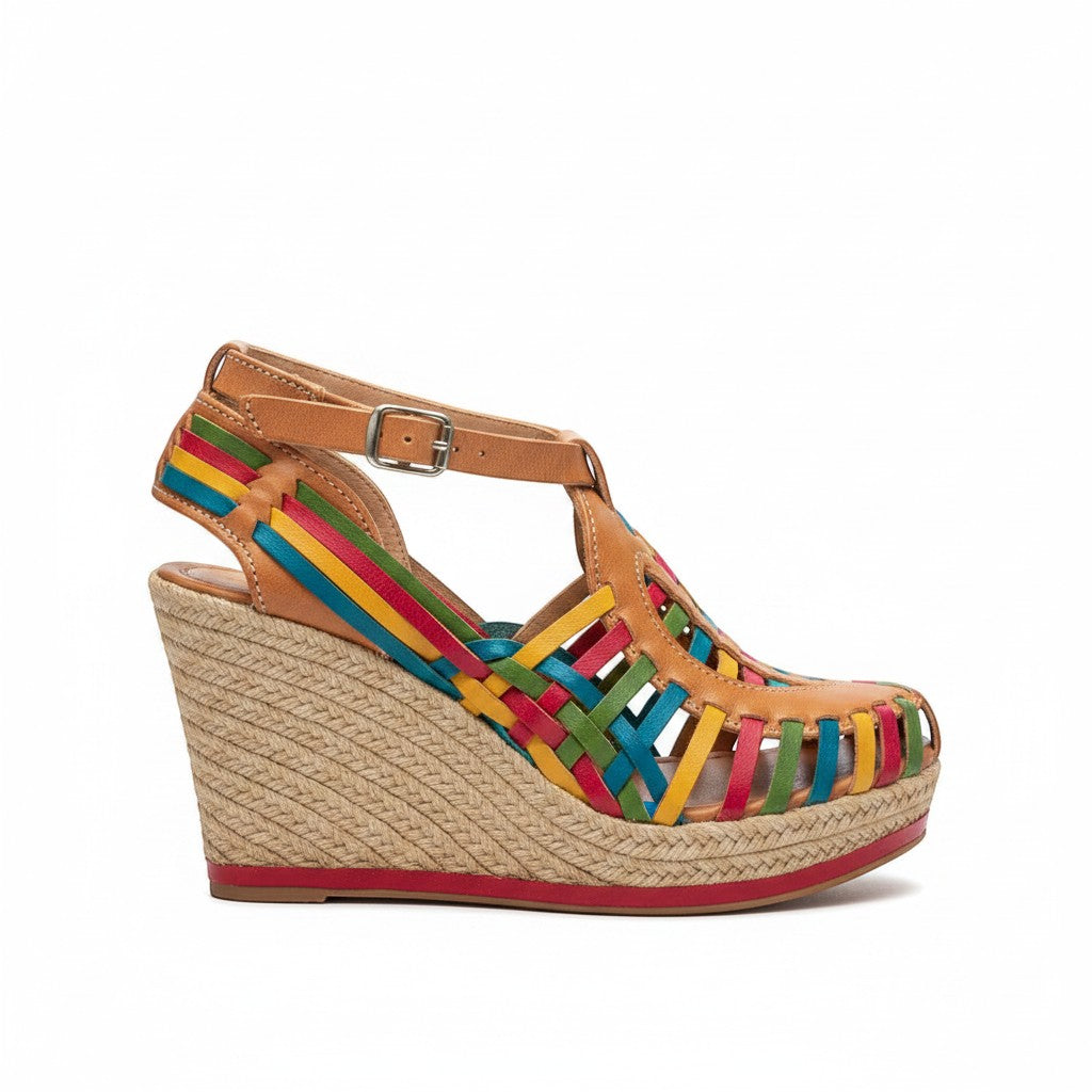 ARTESANALRENVAL tan leather wedge sandals with colorful woven straps and espadrille sole. Adjustable ankle strap.