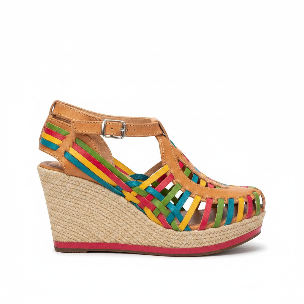 ARTESANALRENVAL tan leather wedge sandals with colorful woven straps, ankle strap, and espadrille sole.