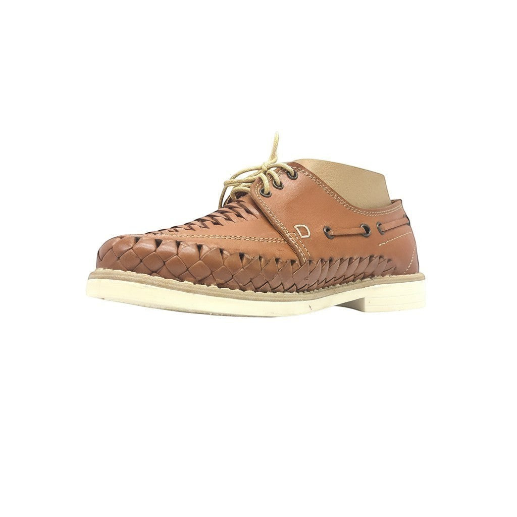 ARTESANALRENVAL tan woven leather shoes with laces and a white sole. Ideal for casual wear.