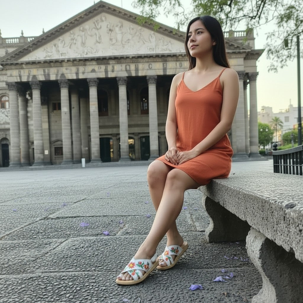 ARTESANALRENVAL white leather huaraches with vibrant floral embroidery and gold buckle. Women's Mexican sandals.
