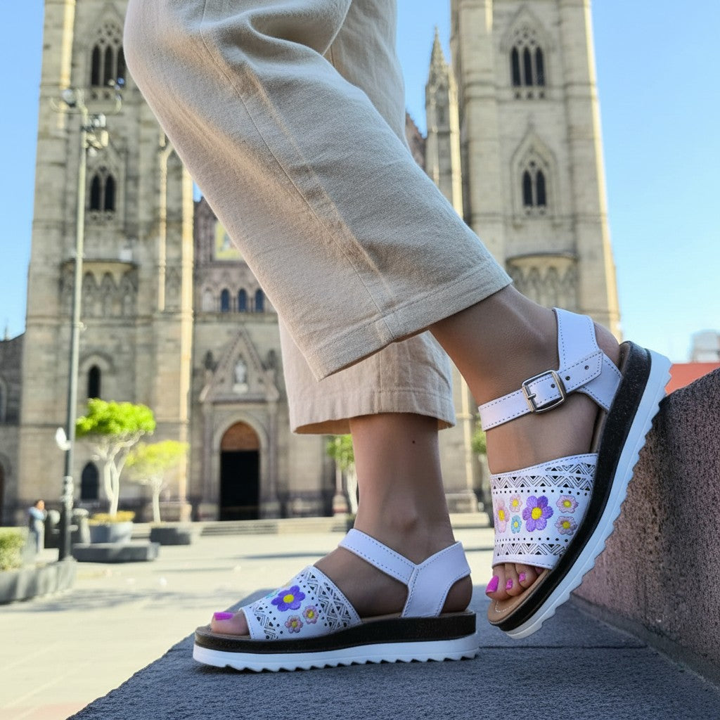ARTESANALRENVAL white leather huaraches with floral embroidery and ankle strap, featuring a platform sole.