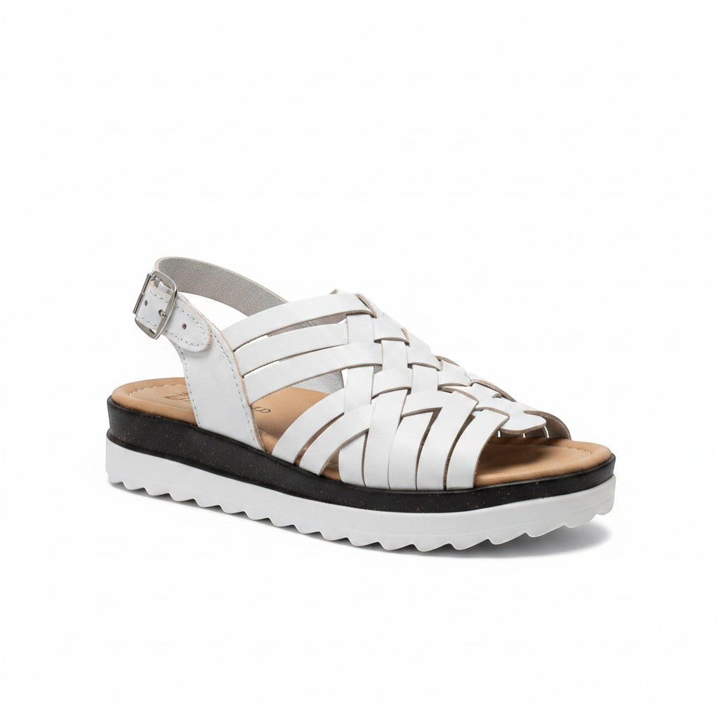 ARTESANALRENVAL white leather woven huarache sandals with buckle strap and platform sole.
