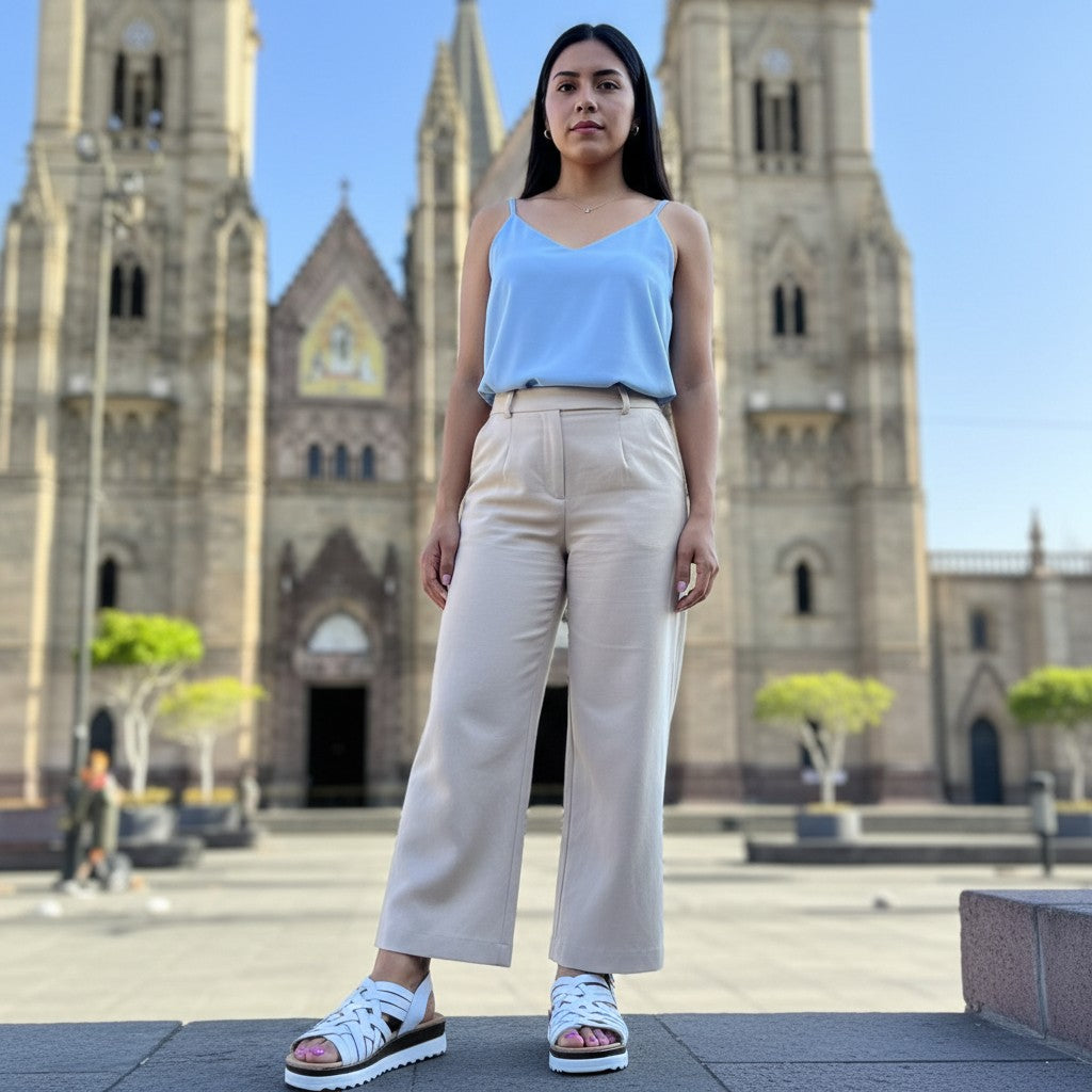 ARTESANALRENVAL white leather huarache sandals with woven straps and buckle ankle strap, platform sole.