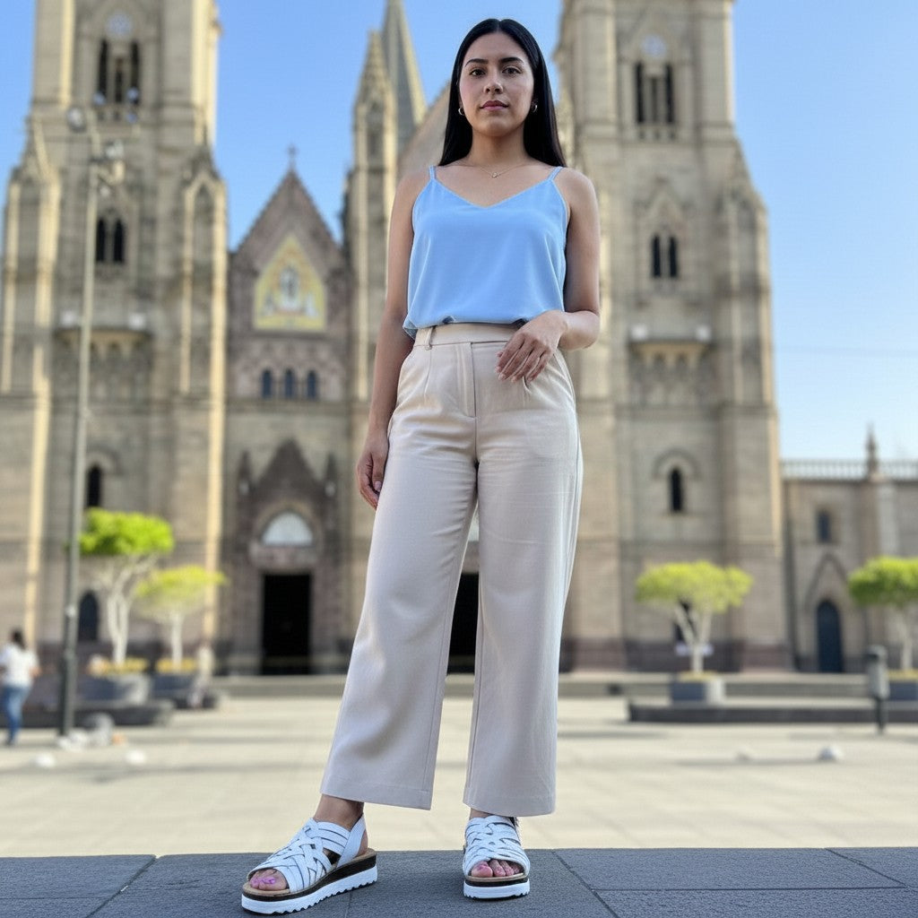 ARTESANALRENVAL white leather huarache sandals with woven straps and platform sole, worn by a woman in beige pants.