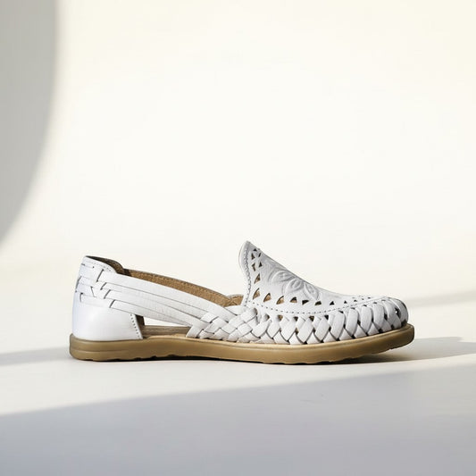 ARTESANALRENVAL white leather huarache with woven detail and floral embroidery on the vamp. Open heel and side cutouts.