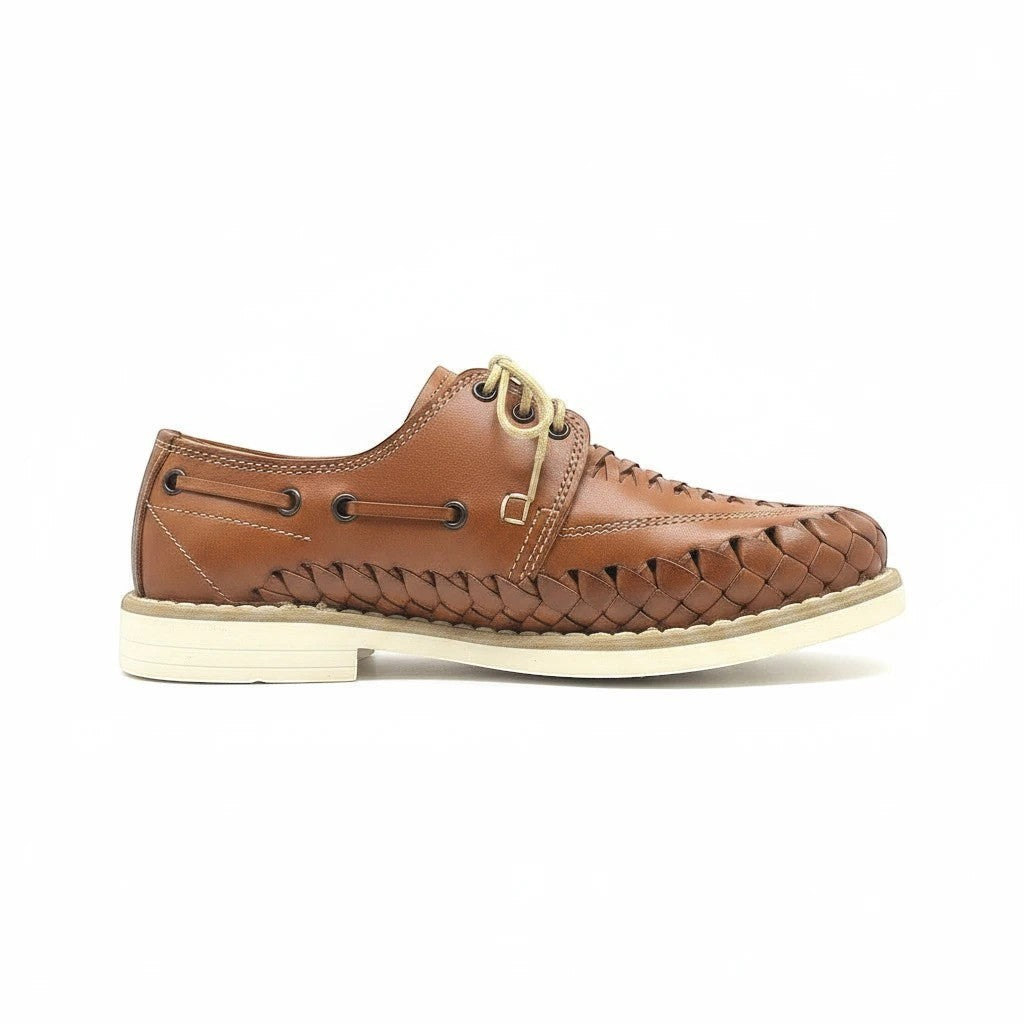 ARTESANALRENVAL zapato de piel marrón trenzado con cordones, suela de goma, estilo casual para hombre.
