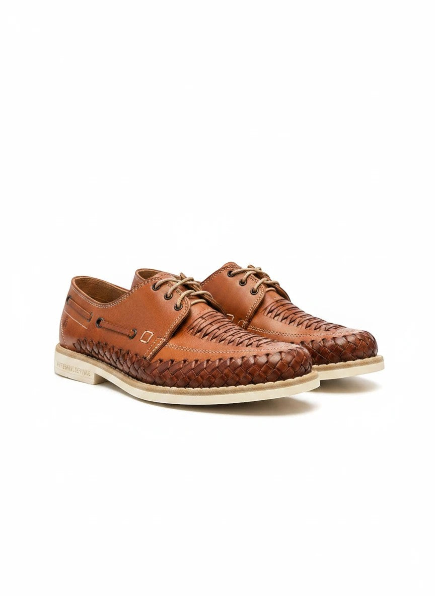 ARTESANALRENVAL zapatos de piel para hombre, color coñac, con tejido artesanal y agujetas. Ideales para uso casual o formal.