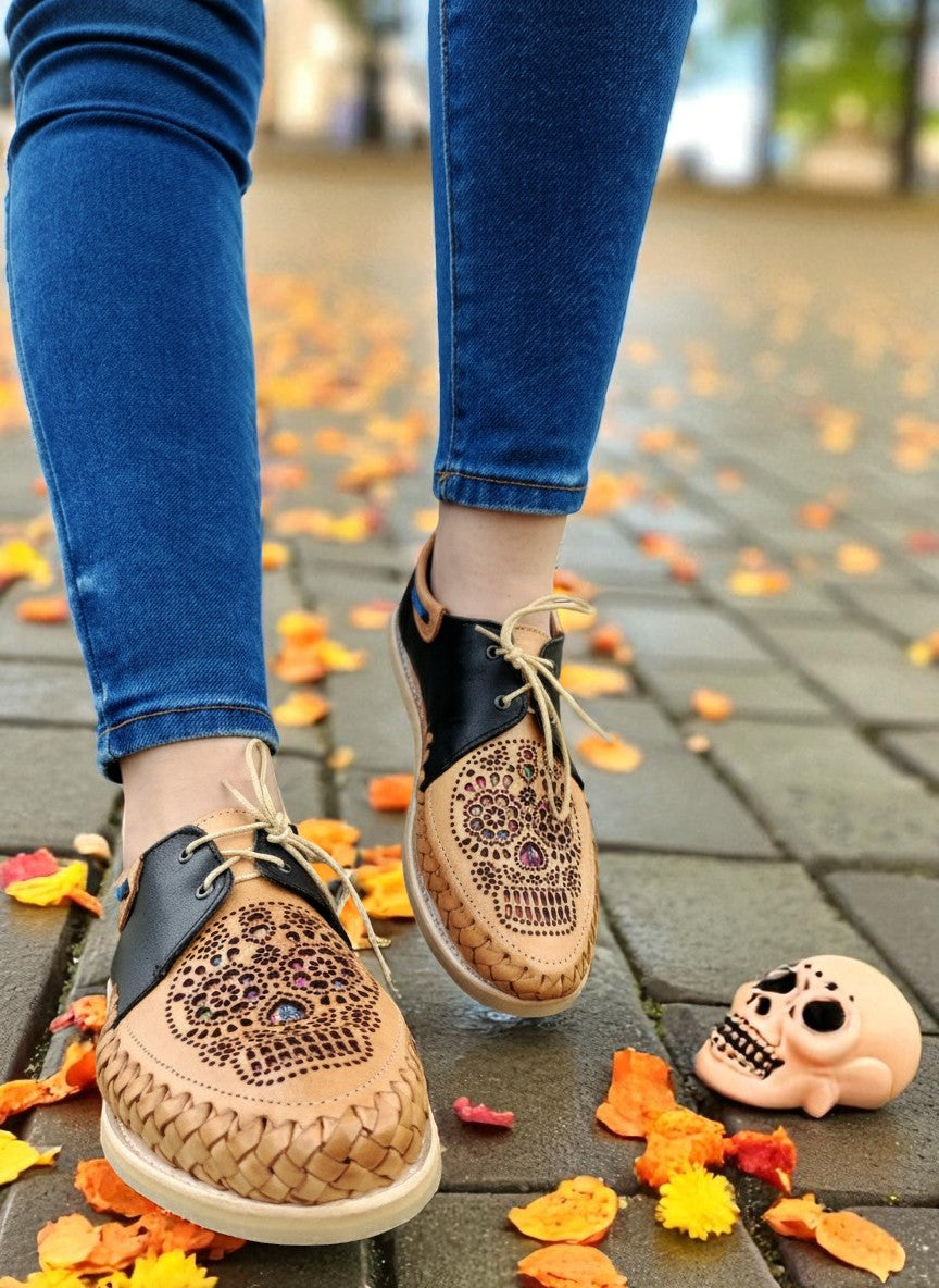 Mocasín Catrina Negro - Piel Genuina Hecho a Mano